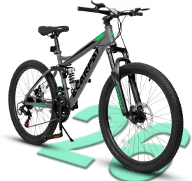 24/26/27.5 Inch, Dual Full Suspension Mountain Bike, 21 Speed Summer Travel, Mens Womens Outdoor Cycling Commuting City Bike to School Work, Birthday Gifts Bicycles