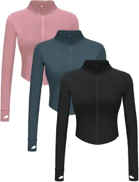 3 Pack Womens Cropped Full Zip up Workout Jacket Slim Fit Running Athletic Gym Yoga Sports Jacket with Thumb Holes