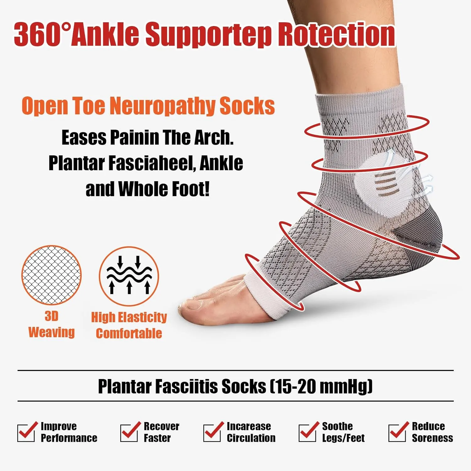 3Pairs Plantar Fasciitis Socks - Neuropathy Socks - Ankle Compression Sleeve - Toeless Compression Socks with Foot/Arch Support for Heel Spurs, Foot Swelling & Fatigue, Pain Relief (Black, X-Large)