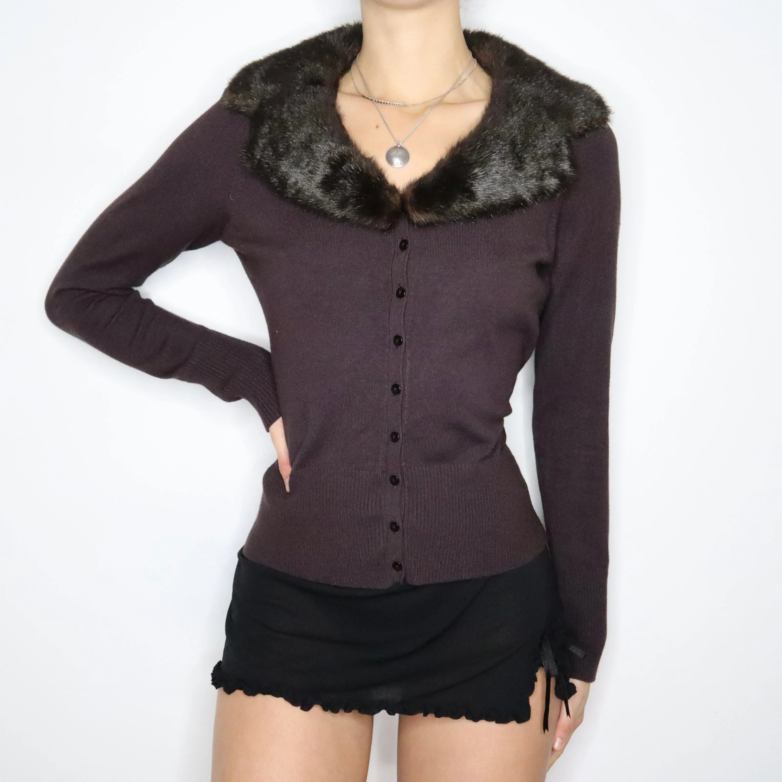 90s Brown Fur Trim Cardigan (M/L)