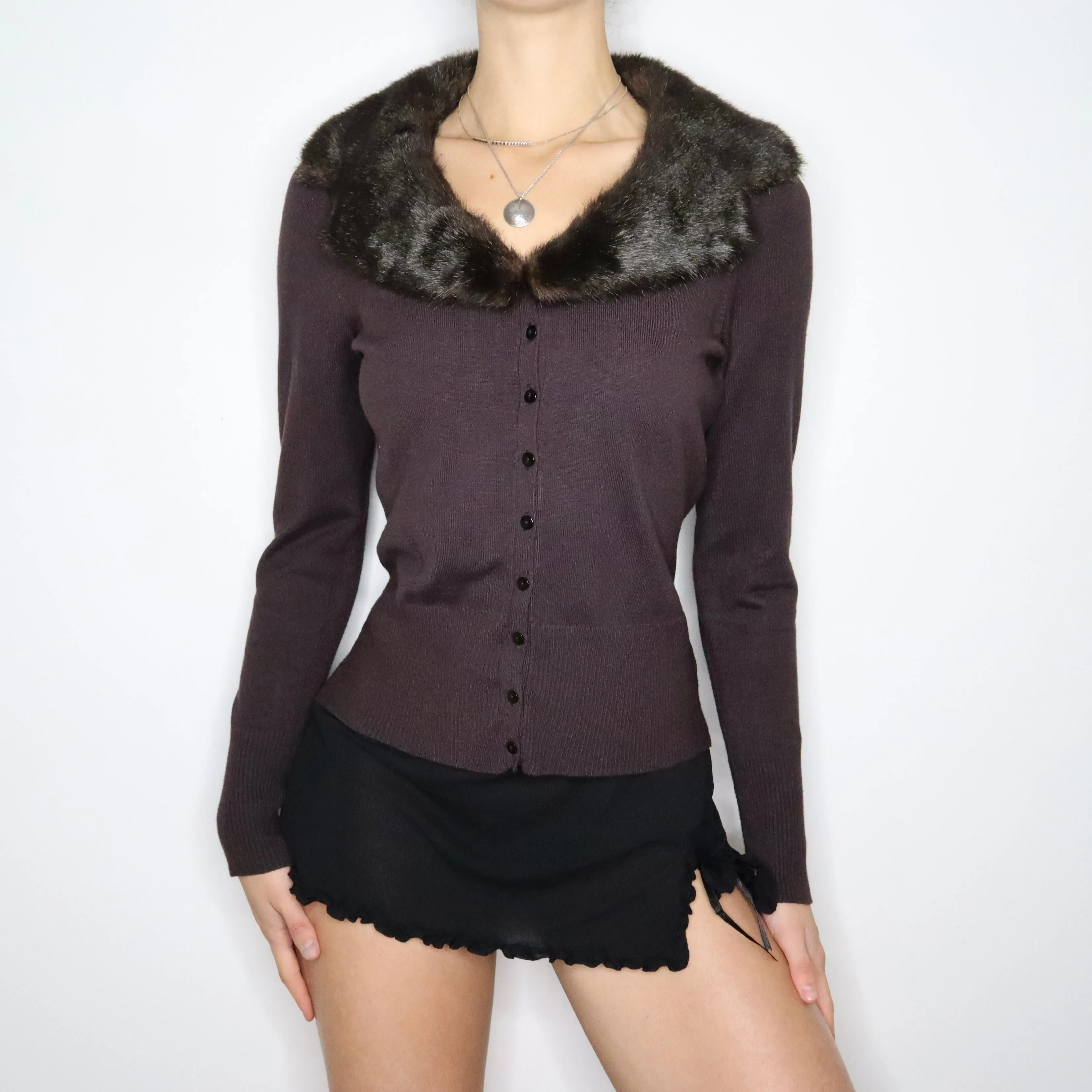 90s Brown Fur Trim Cardigan (M/L)