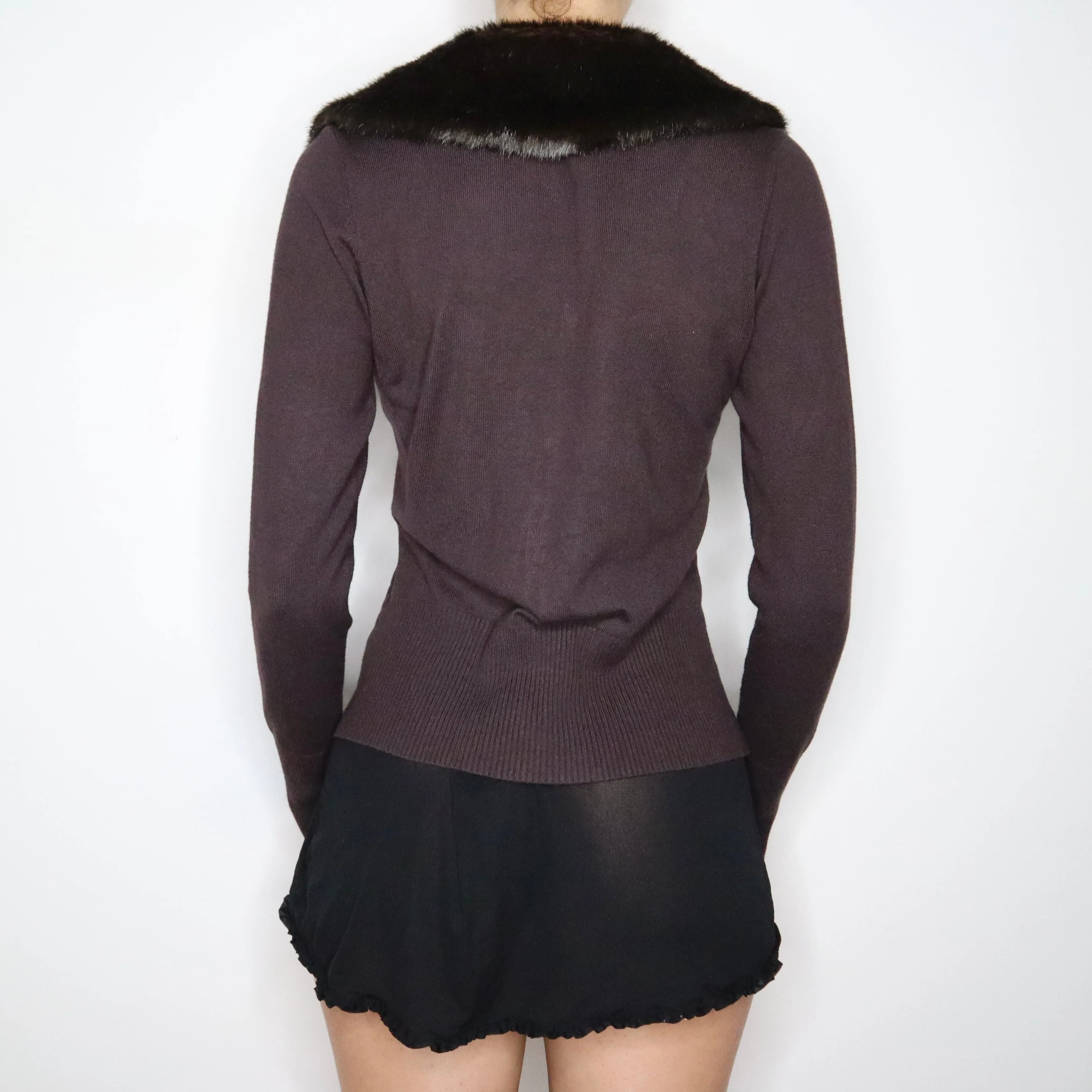 90s Brown Fur Trim Cardigan (M/L)