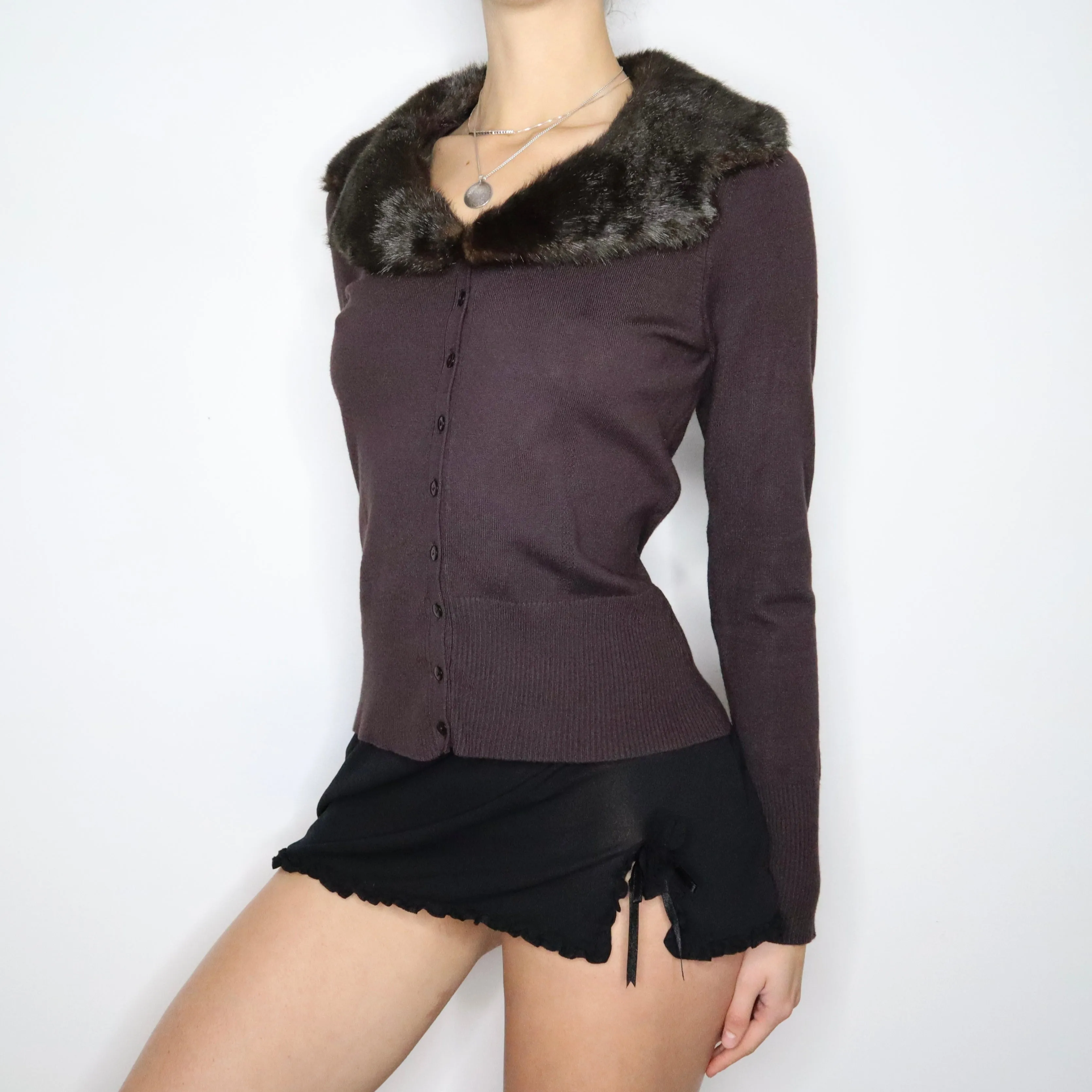 90s Brown Fur Trim Cardigan (M/L)