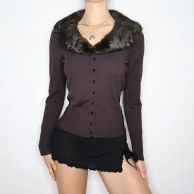 90s Brown Fur Trim Cardigan (M/L)