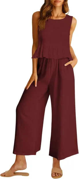 AUTOMET Womens Summer 2 Piece Outfits Linen Crop Tank Tops Lounge Matching Sets & Long Track Pants Tracksuits 2025
