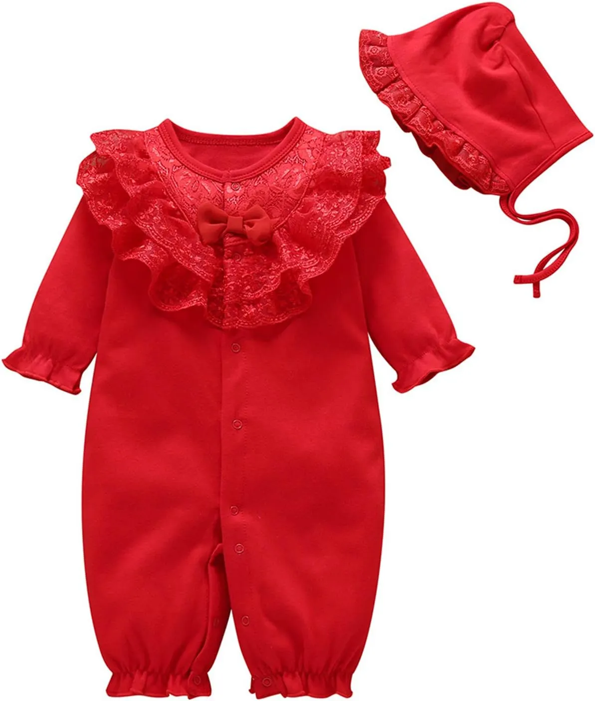 Baby Girls Cotton Romper Lace Collar Jumpsuits Long Sleeve Coveralls with Hat 2 Pieces for 0-18 Months