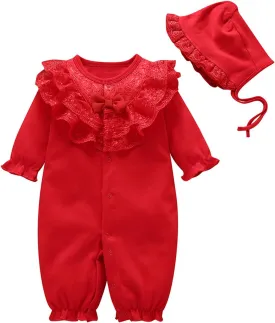 Baby Girls Cotton Romper Lace Collar Jumpsuits Long Sleeve Coveralls with Hat 2 Pieces for 0-18 Months