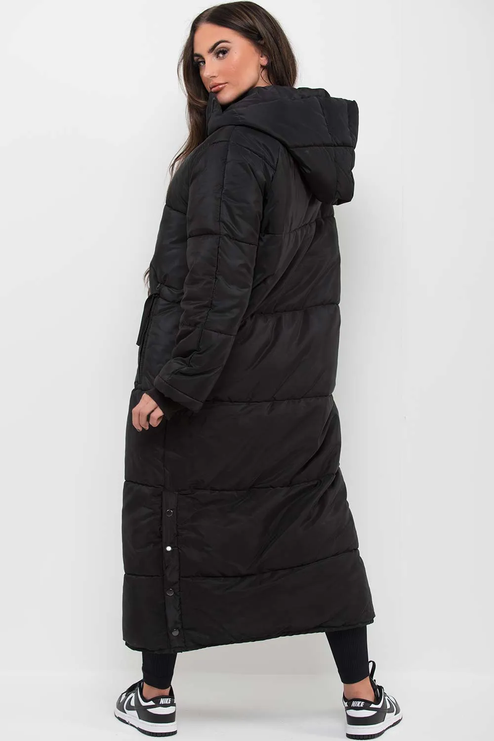 Black Long Puffer Padded Coat With Hood