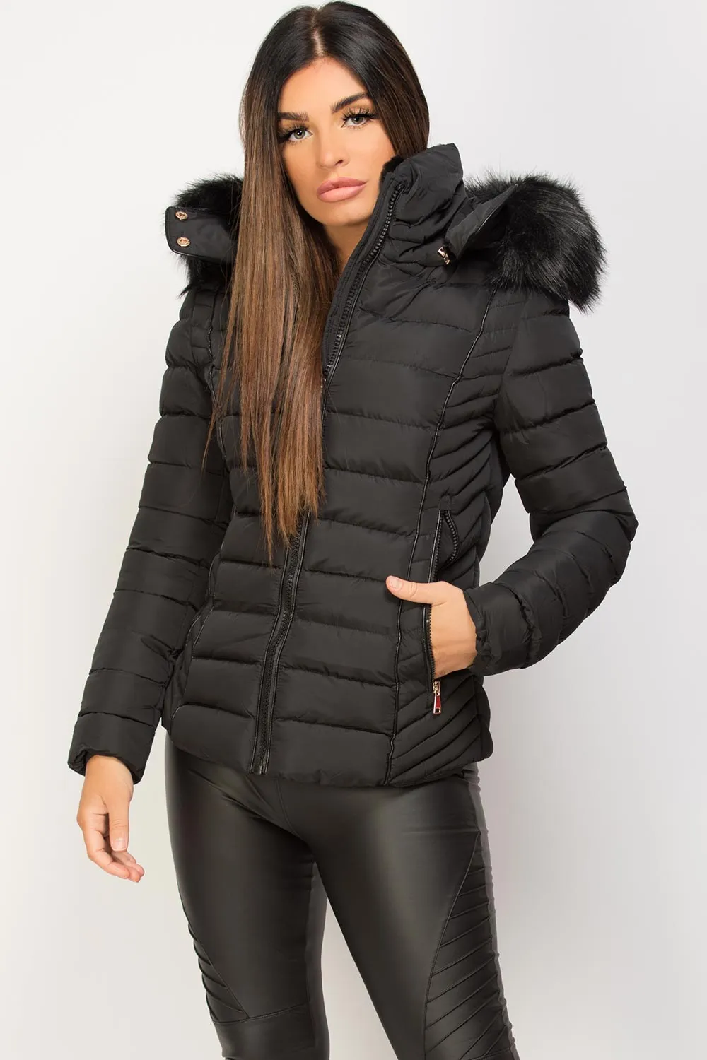 Black Puffer Jacket With Faux fur Hood And Quilted Detail