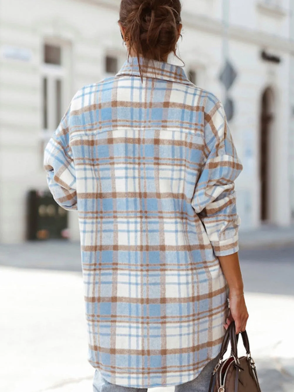 Blue Plaid Button-Up Long Sleeve Shacket with Flap Pockets