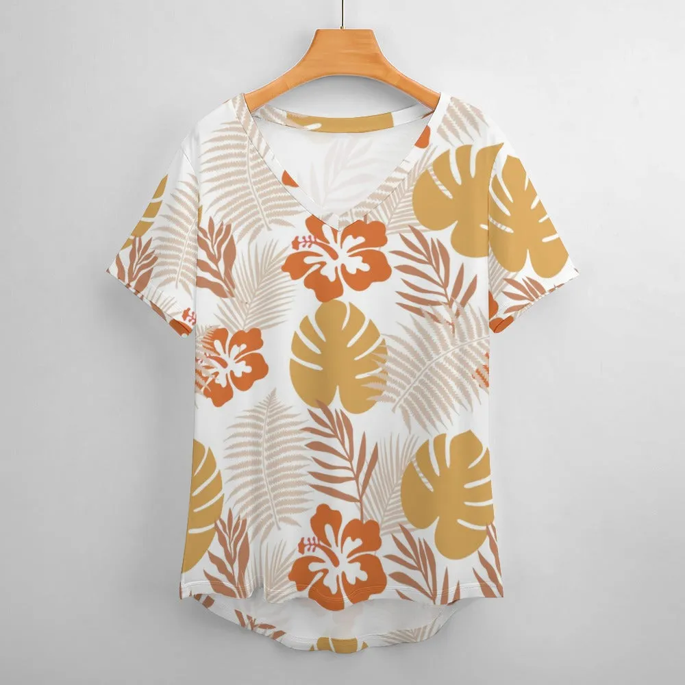 Boho Tropical Print Plus Size Ladies V-Neck Short Sleeve T-Shirt