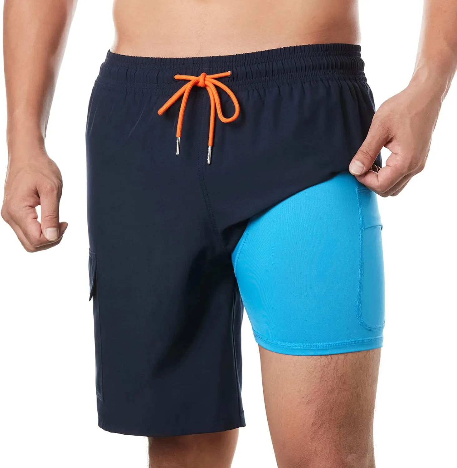 BRISIRA Mens Swim Trunks 9 Inch Inseam Board Shorts with Compression Liner Swimsuit Bathing Suit Quick Dry Cargo Pocket