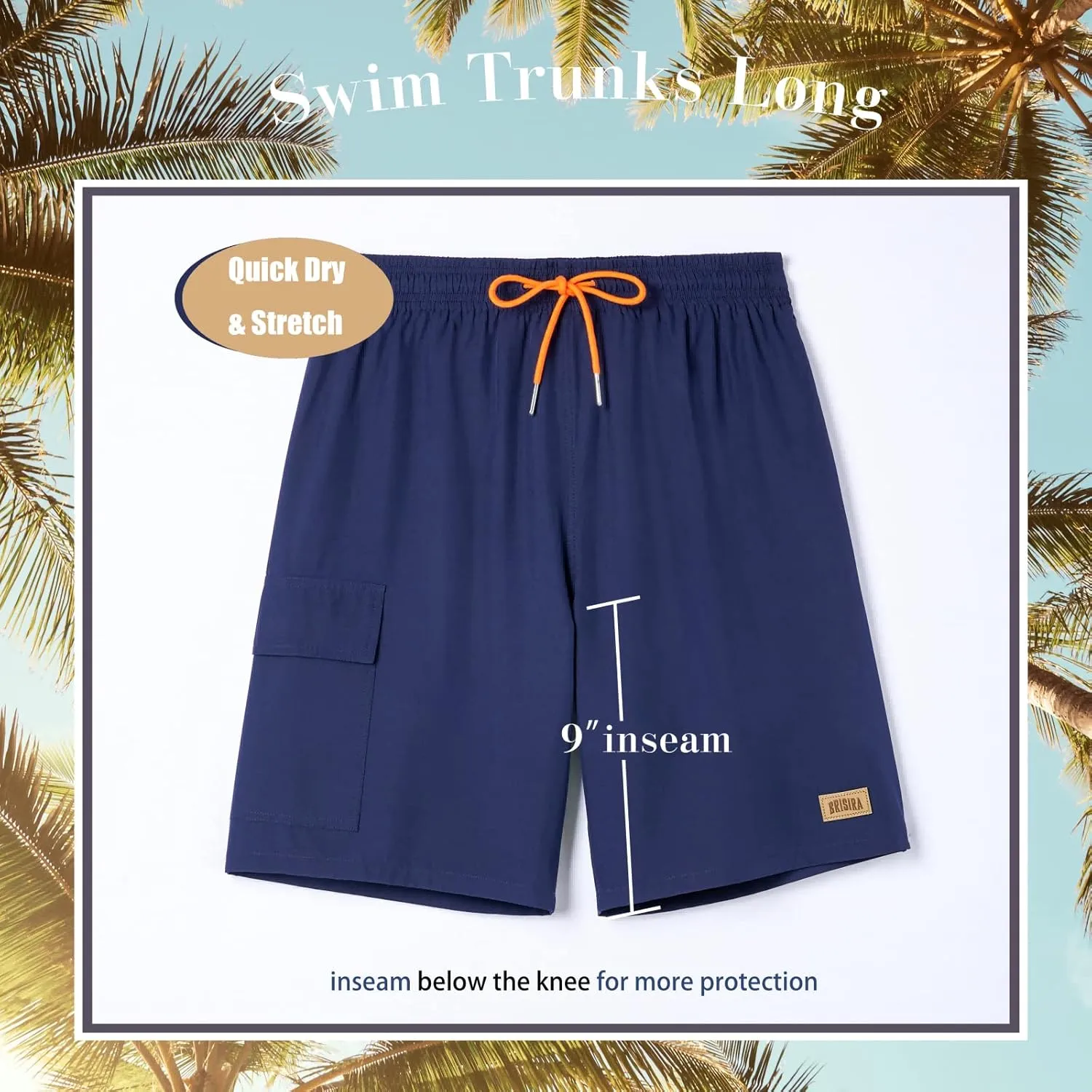 BRISIRA Mens Swim Trunks 9 Inch Inseam Board Shorts with Compression Liner Swimsuit Bathing Suit Quick Dry Cargo Pocket