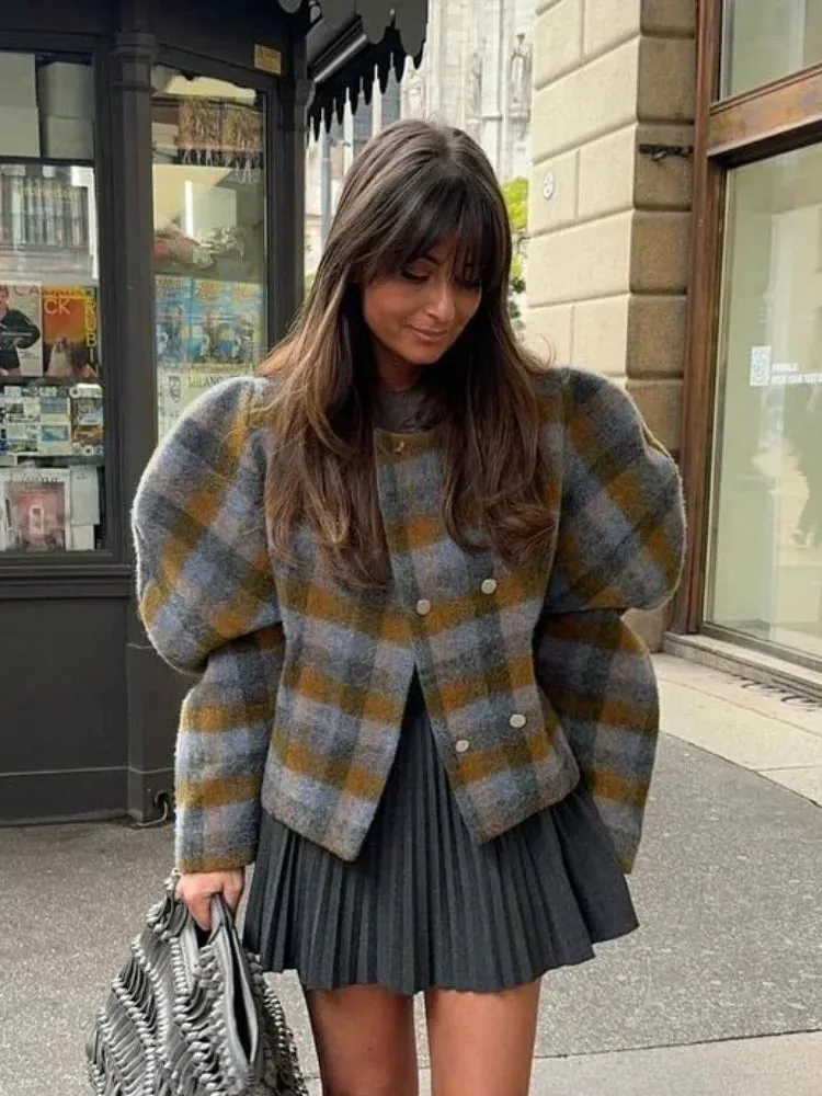 Chic loose sleeve plaid collar checkered flannel wool jacket