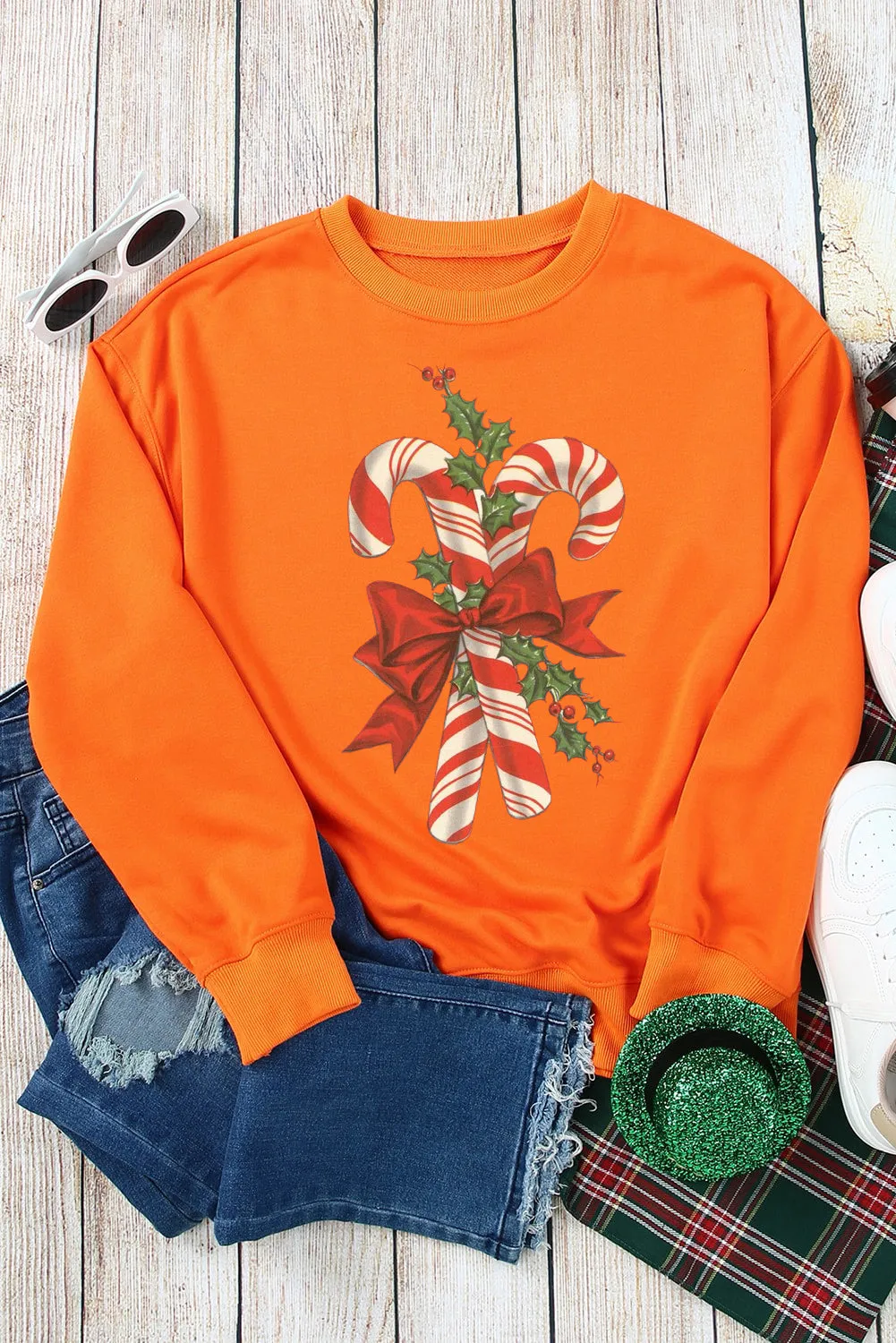 Christmas Cane Candy Pattern Crew Neck Pullover Sweatshirt