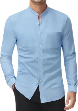 DEMEANOR Band Collar Dress Shirts for Men Stretch Dress Shirts Collarless Button Down Long Sleeve Shirts Muscle Fit
