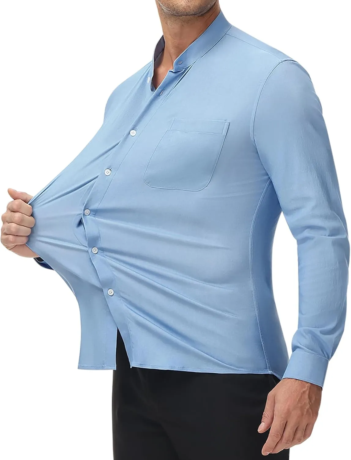 DEMEANOR Band Collar Dress Shirts for Men Stretch Dress Shirts Collarless Button Down Long Sleeve Shirts Muscle Fit