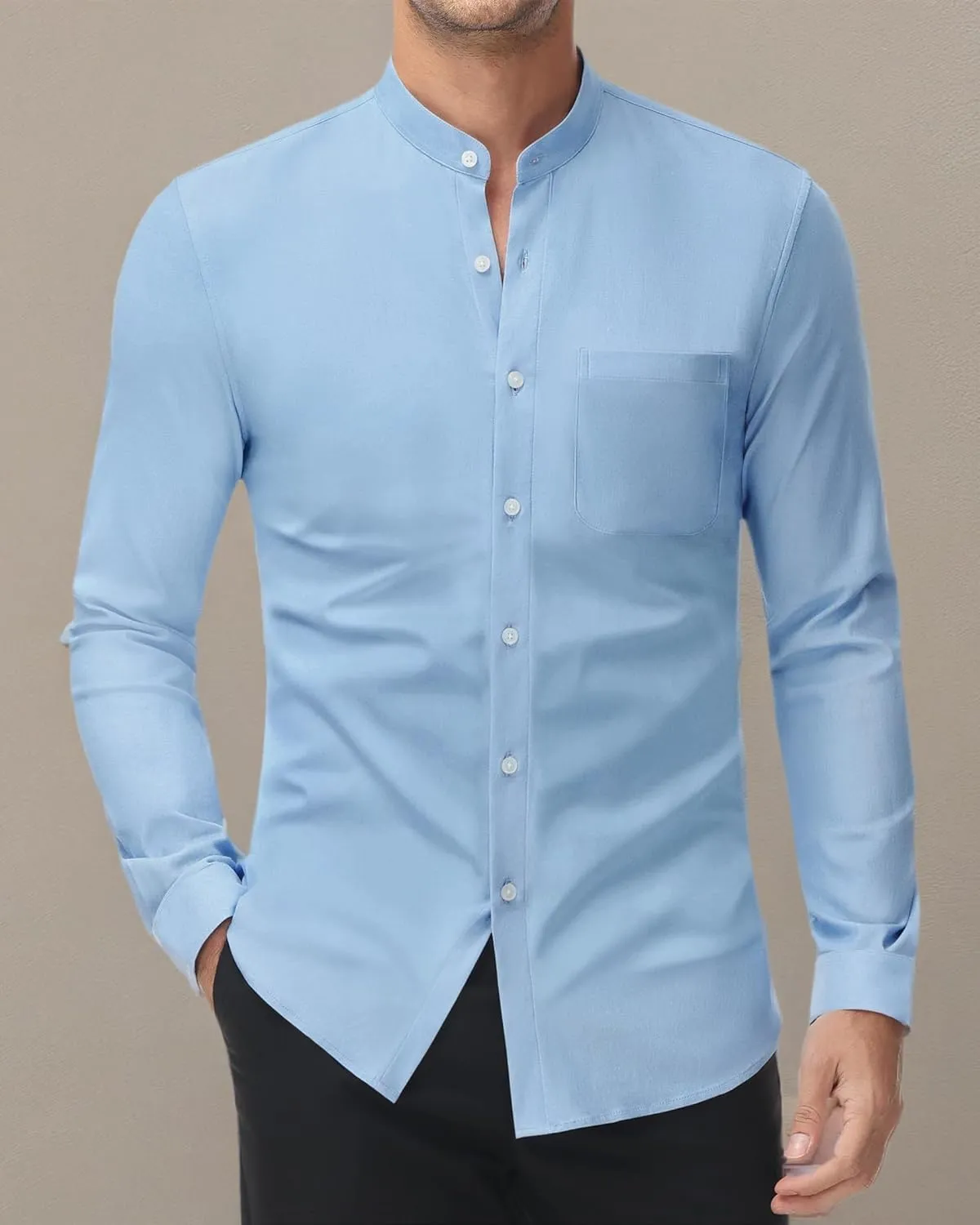 DEMEANOR Band Collar Dress Shirts for Men Stretch Dress Shirts Collarless Button Down Long Sleeve Shirts Muscle Fit