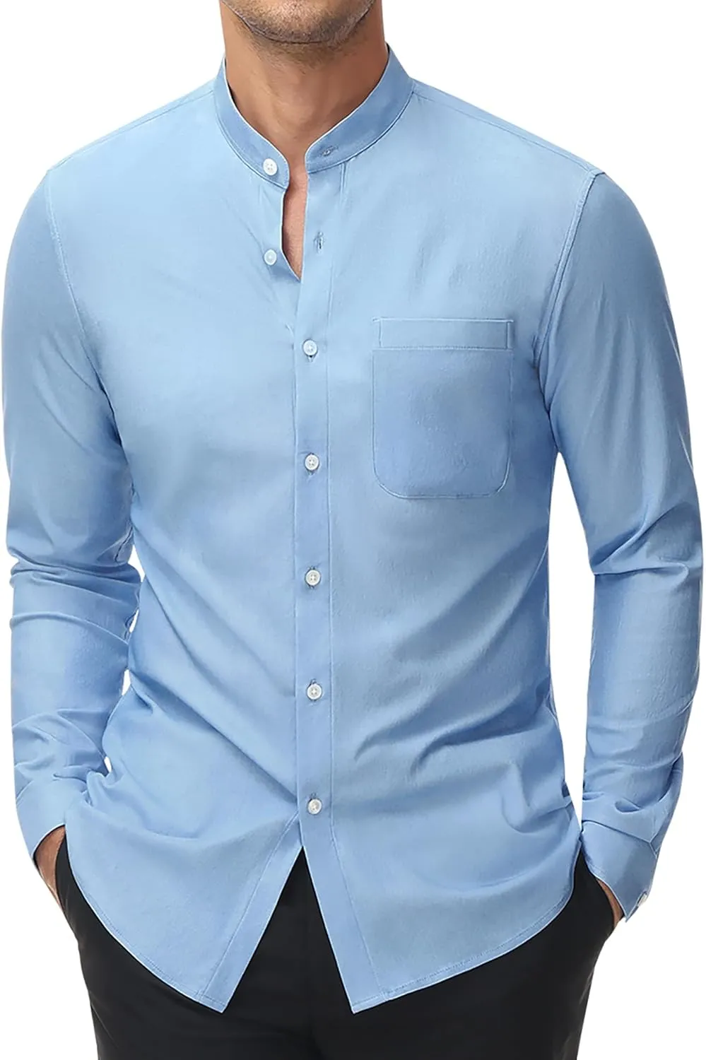 DEMEANOR Band Collar Dress Shirts for Men Stretch Dress Shirts Collarless Button Down Long Sleeve Shirts Muscle Fit
