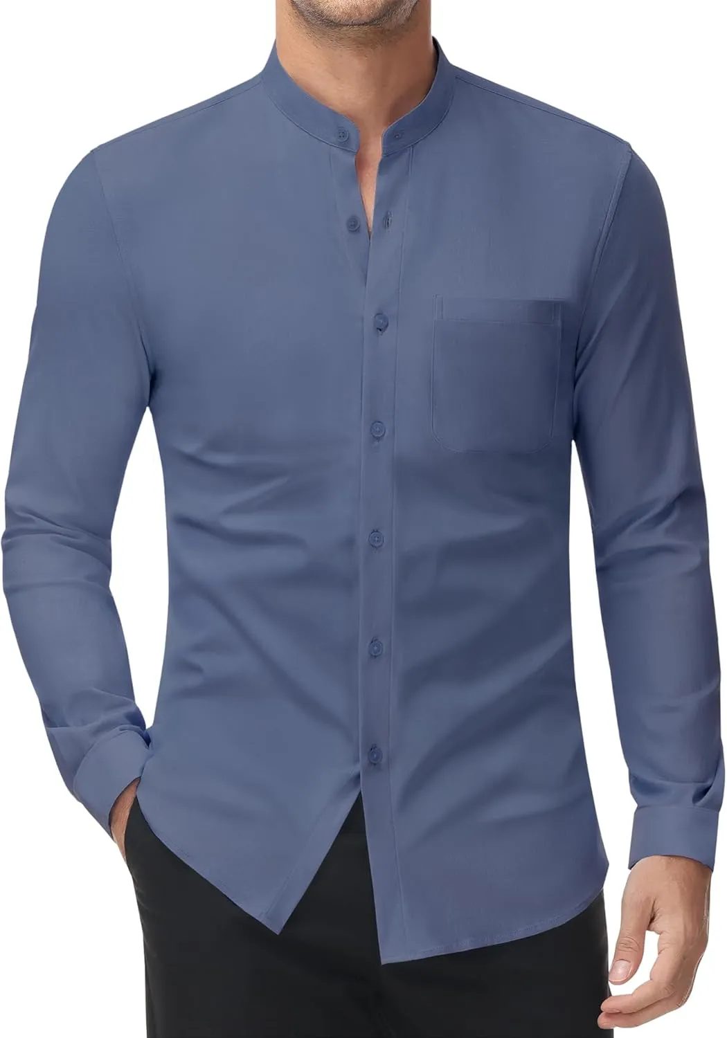 DEMEANOR Band Collar Dress Shirts for Men Stretch Dress Shirts Collarless Button Down Long Sleeve Shirts Muscle Fit