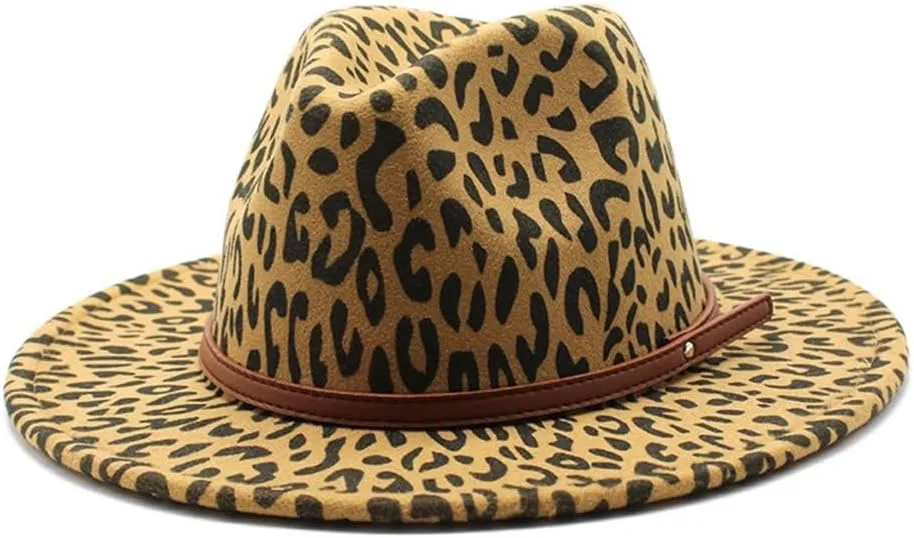 DHAEY European and American Fur Leopard Print Hat Men and Women Flat Brim Jazz Hat Big Brimmed Hat Felt Hat Straight Brimmed Hat Luopan Caps & Hats(Camel)