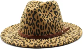 DHAEY European and American Fur Leopard Print Hat Men and Women Flat Brim Jazz Hat Big Brimmed Hat Felt Hat Straight Brimmed Hat Luopan Caps & Hats(Camel)