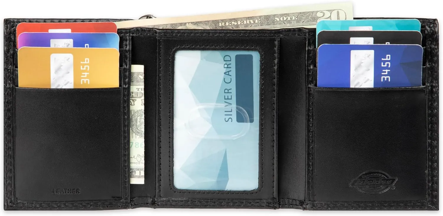 Dickies Men's Compact Leather Trifold Chain Wallet-Clear Id Window, Credit Card Slots