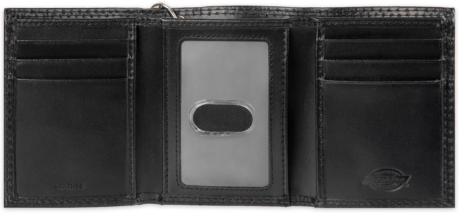 Dickies Men's Compact Leather Trifold Chain Wallet-Clear Id Window, Credit Card Slots