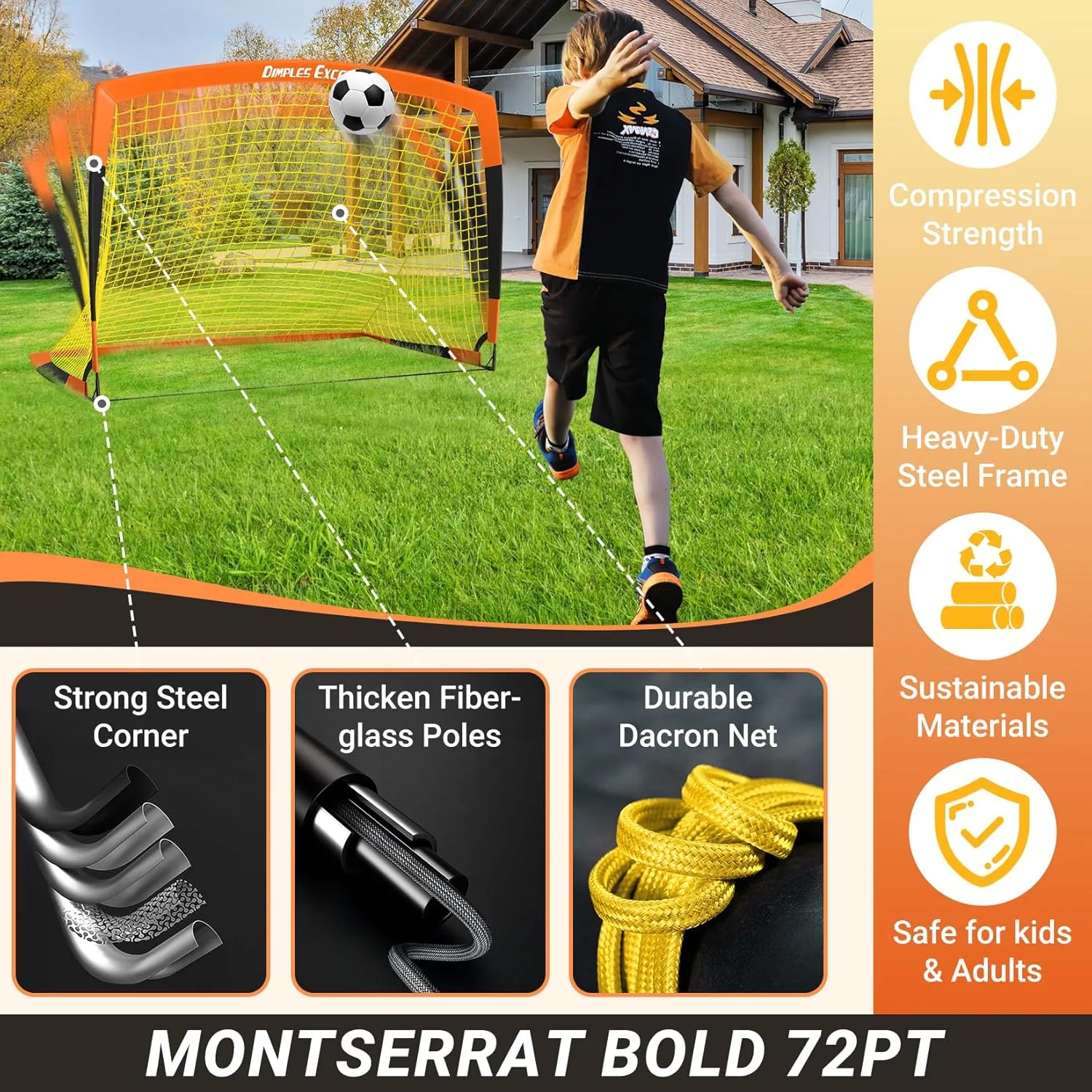 Dimples Excel Soccer Goals Kids Net for Backyard 7x5, 5x3.6, 4x3, 3x2.2 FT