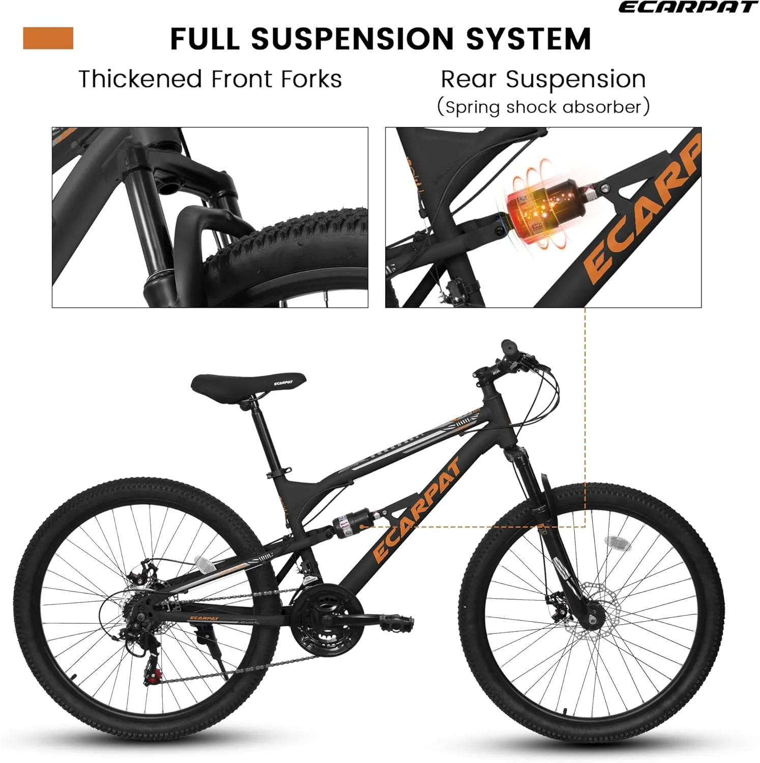 Ecarpat 24/26/27.5 Inch Mountain Bike, Dual/Front Suspension Mens Mountain Bike with 21 Speeds High-Carbon Steel Frame and Disc/V Brakes, Adult Sport Bicycle for Trail Snow Commuter City Road
