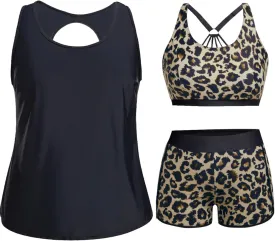 Holipick Women Plus Size 3 Piece Tankini Swimsuits Tummy Control Bathing Suits with Boy Shorts Tank Top with Sports Bra