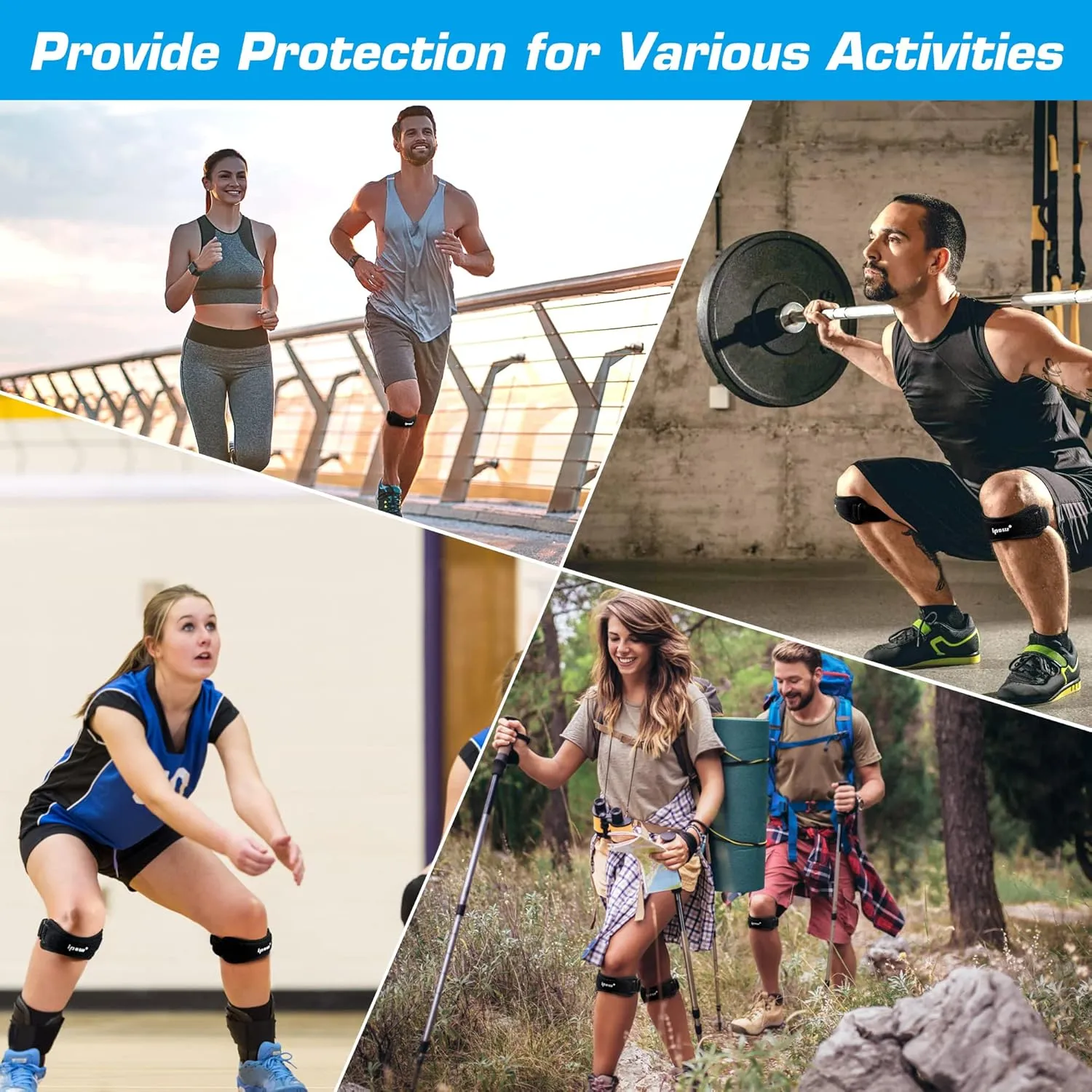 IPOW 2 Pack Knee Pain Relief & Patella Stabilizer Knee Strap Brace Support for Hiking, Soccer, Basketball, Running, Jumpers Knee, Tennis, Tendonitis, Volleyball & Squats, Black
