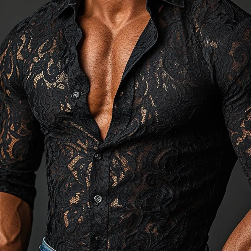 Men's Fashion Lace Slim Fit Lapel Long Sleeve Shirt 03128641Y