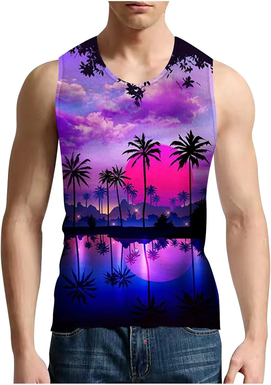NaRHbrg Palm Tree Tanks Tops for Mens Cool Printed Graphic Sleeveless Tank Top Muscle Shirt for Workout Gym Jogging