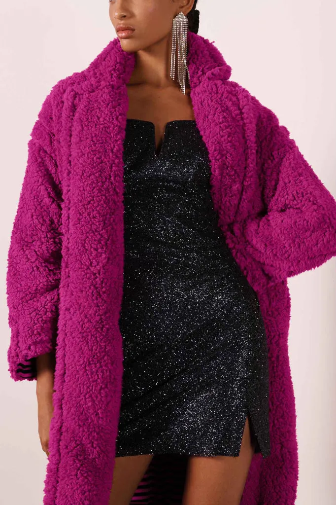Oversized Longline Teddy Coat in Pink Orchid