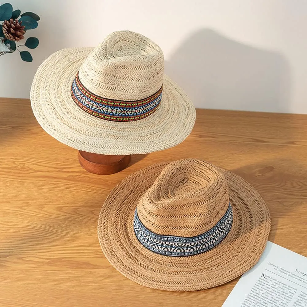 Panama Straw Sun Hat Wide Brim Fedora Beach Hat UV Protection Bucket Hat Foldable Lifeguard Straw Hat