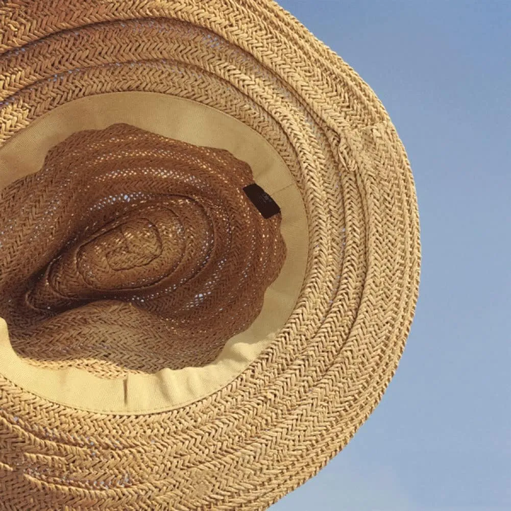 Panama Straw Sun Hat Wide Brim Fedora Beach Hat UV Protection Bucket Hat Foldable Lifeguard Straw Hat