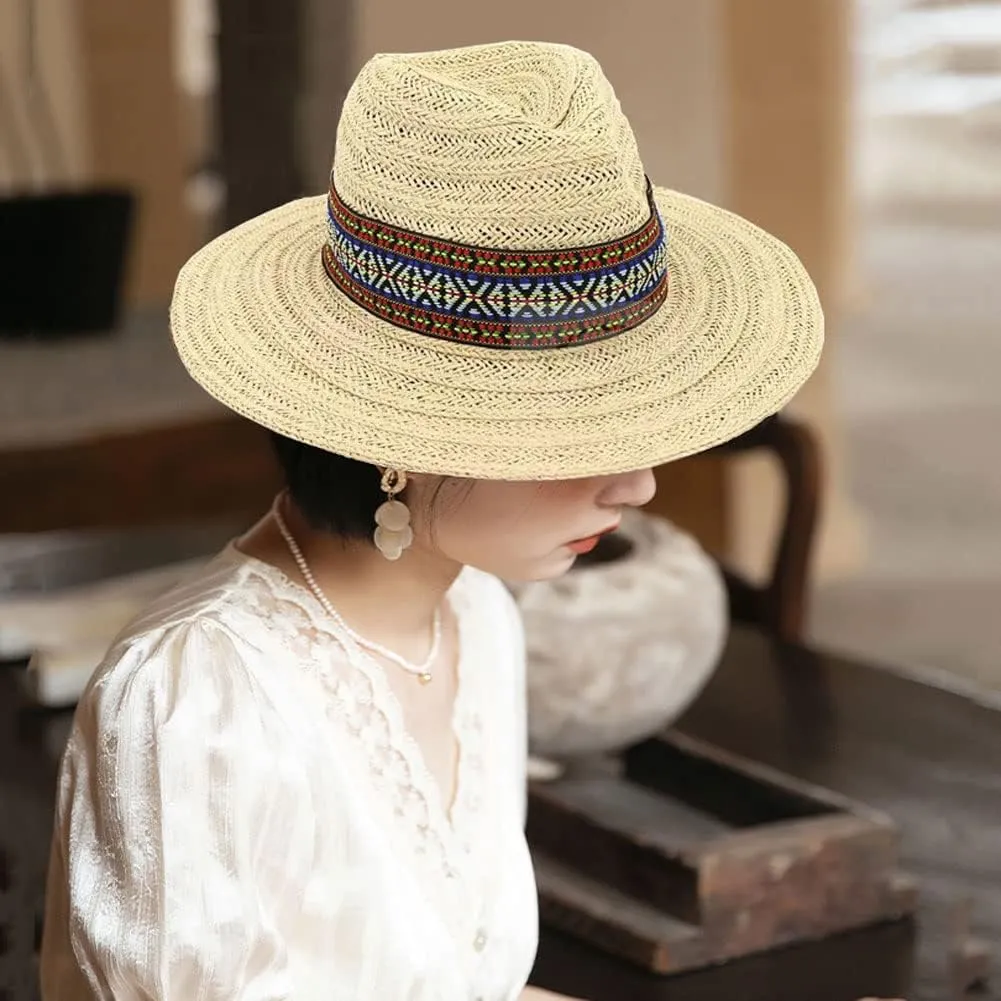 Panama Straw Sun Hat Wide Brim Fedora Beach Hat UV Protection Bucket Hat Foldable Lifeguard Straw Hat