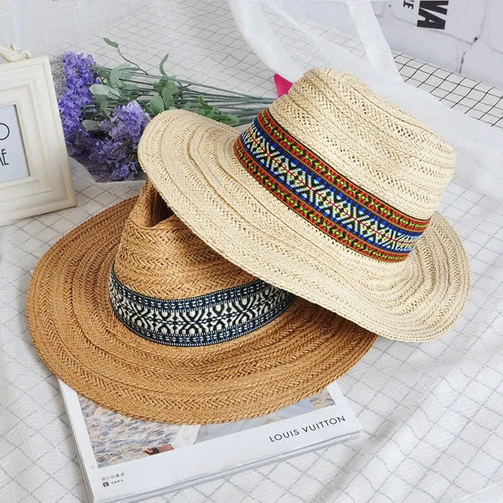 Panama Straw Sun Hat Wide Brim Fedora Beach Hat UV Protection Bucket Hat Foldable Lifeguard Straw Hat