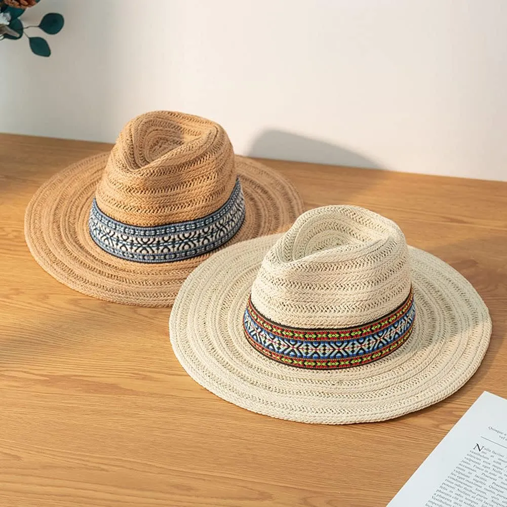 Panama Straw Sun Hat Wide Brim Fedora Beach Hat UV Protection Bucket Hat Foldable Lifeguard Straw Hat