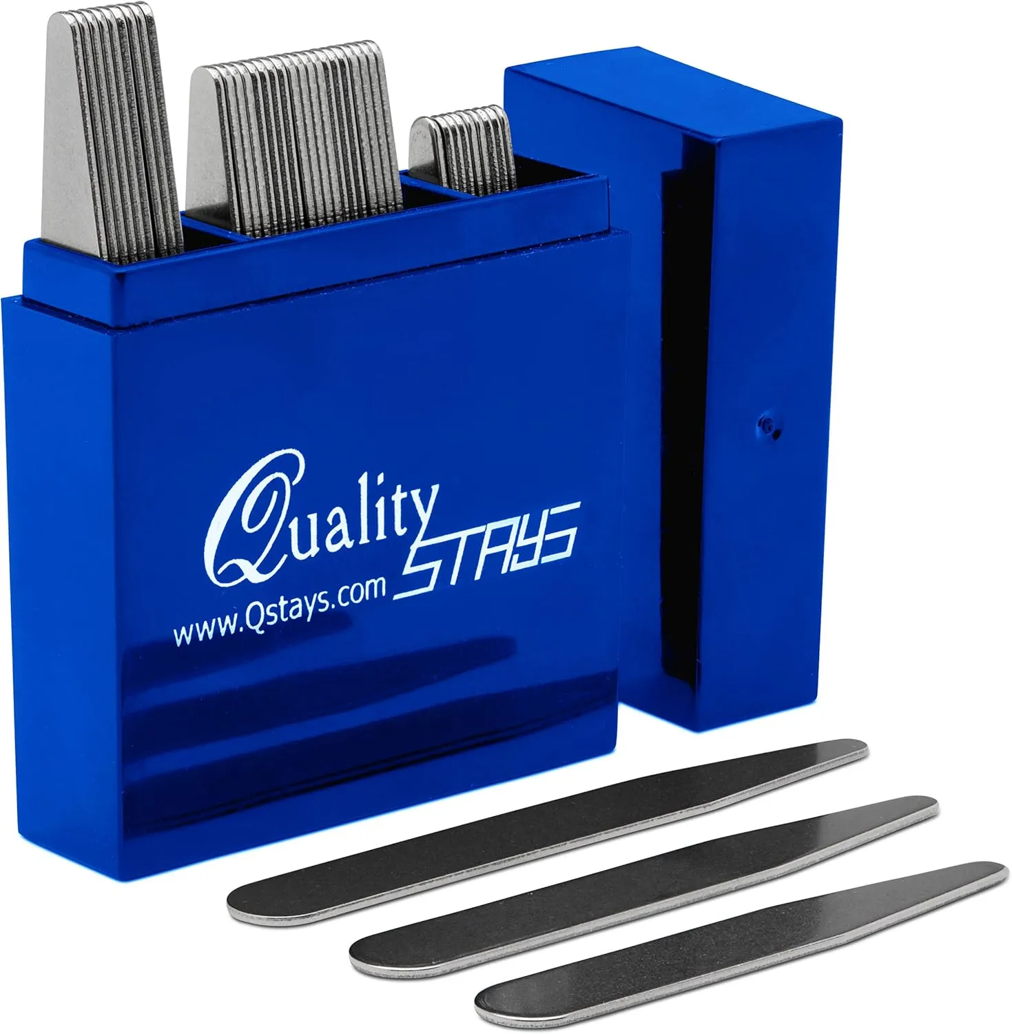 Quality Stays 40 Metal Collar Stays for Men's Dress Shirts  3 Sizes in Divided Sapphire Box