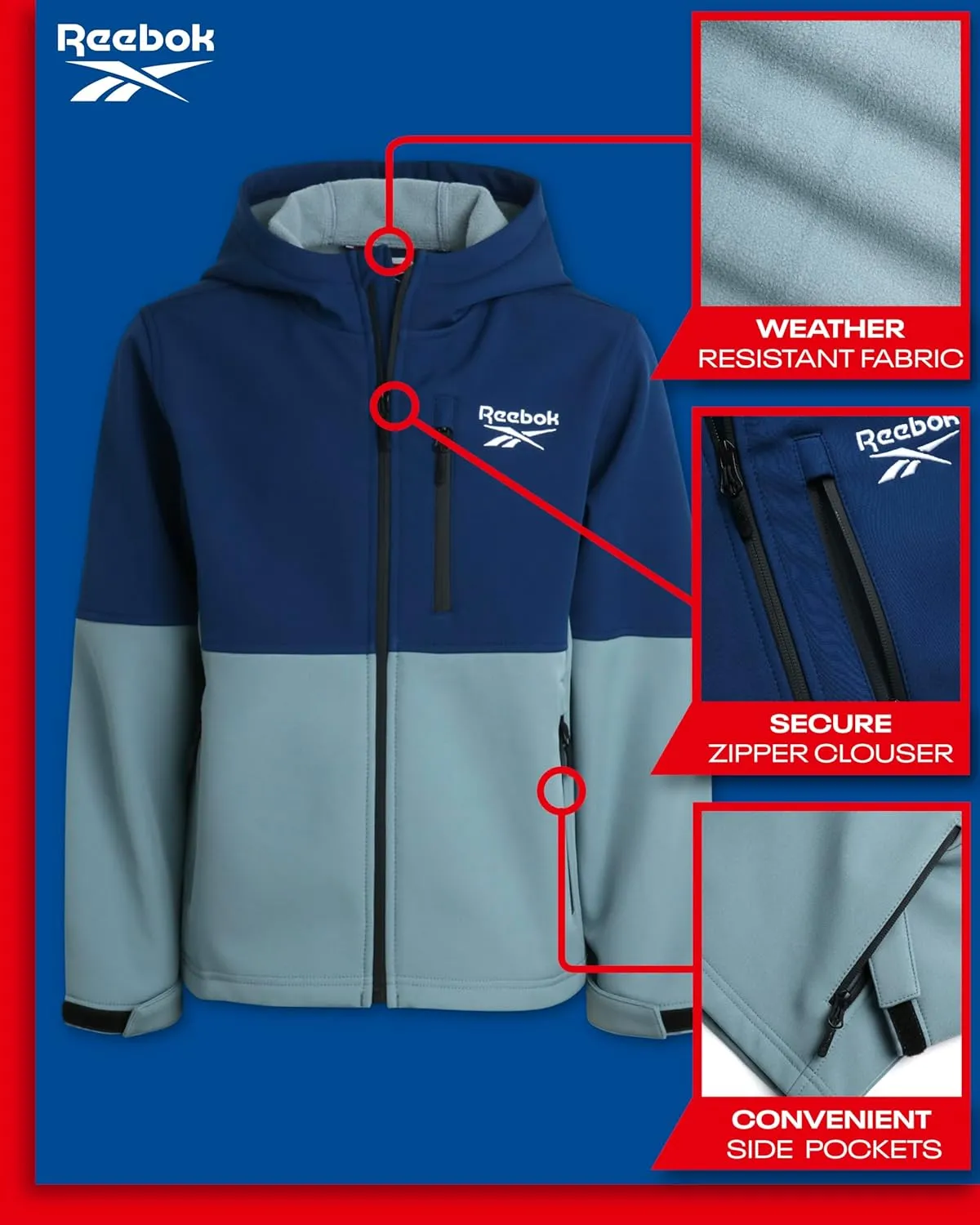 Reebok Boys Jacket - Lightweight Polar Fleece Lined Softshell Jacket with Hood - Weather Resistant Jacket for Boys (8-20)