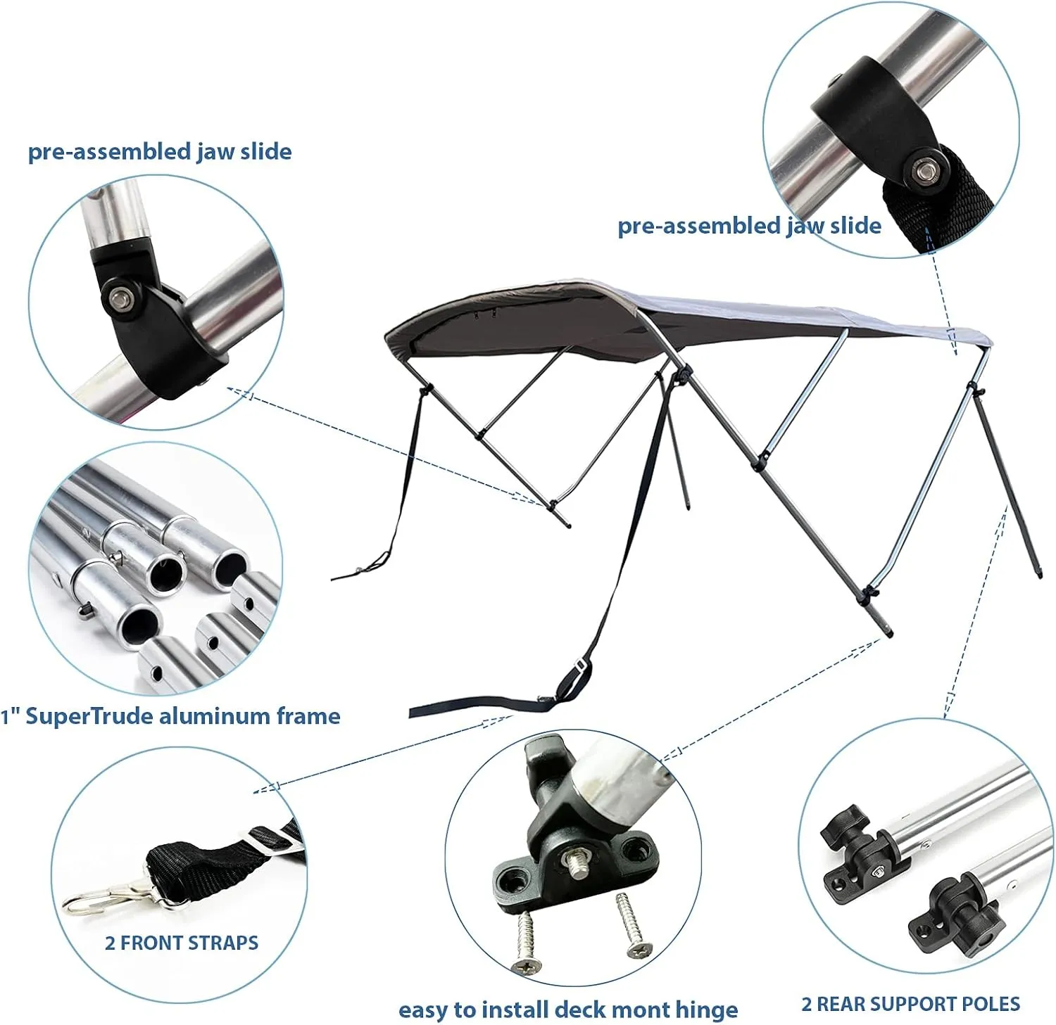 SavvyCraft 4 Bow Bimini Top Boat Cover Black 4 Bow 96" L 54" H 91"- 96" W W/Boot & Rear Poles