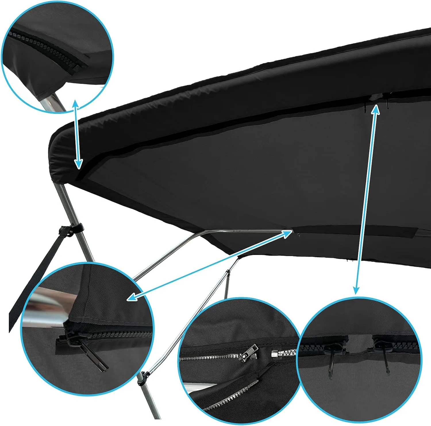 SavvyCraft 4 Bow Bimini Top Boat Cover Black 4 Bow 96" L 54" H 91"- 96" W W/Boot & Rear Poles
