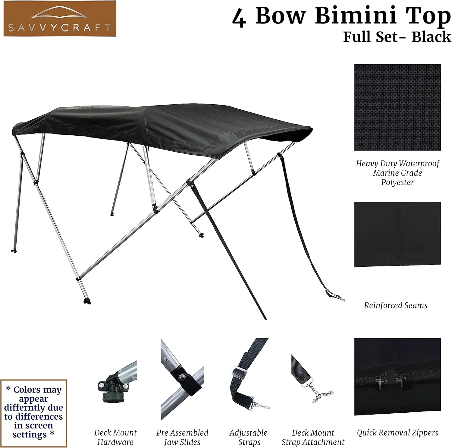 SavvyCraft 4 Bow Bimini Top Boat Cover Black 4 Bow 96" L 54" H 91"- 96" W W/Boot & Rear Poles