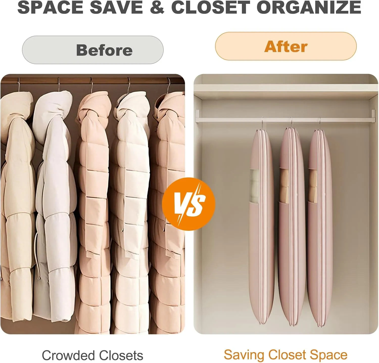 Space Saving Hanging Garment Bag with Self Compression Zipper,2025 New Space Saver Closet Organizers,Dust Cover Clothes Bags for Down Coat-Large (Beige)