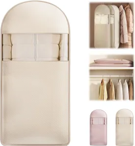 Space Saving Hanging Garment Bag with Self Compression Zipper,2025 New Space Saver Closet Organizers,Dust Cover Clothes Bags for Down Coat-Large (Beige)