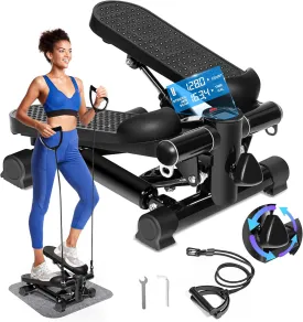 Steppers for Exercise at Home - Stair Stepper with 330 lbs Weight Capacity, Resistance Bands & Non-Slip Mat for Full Body Workout, Adjustable Height Hydraulic Stepper with LCD to Monitor Steps & Time