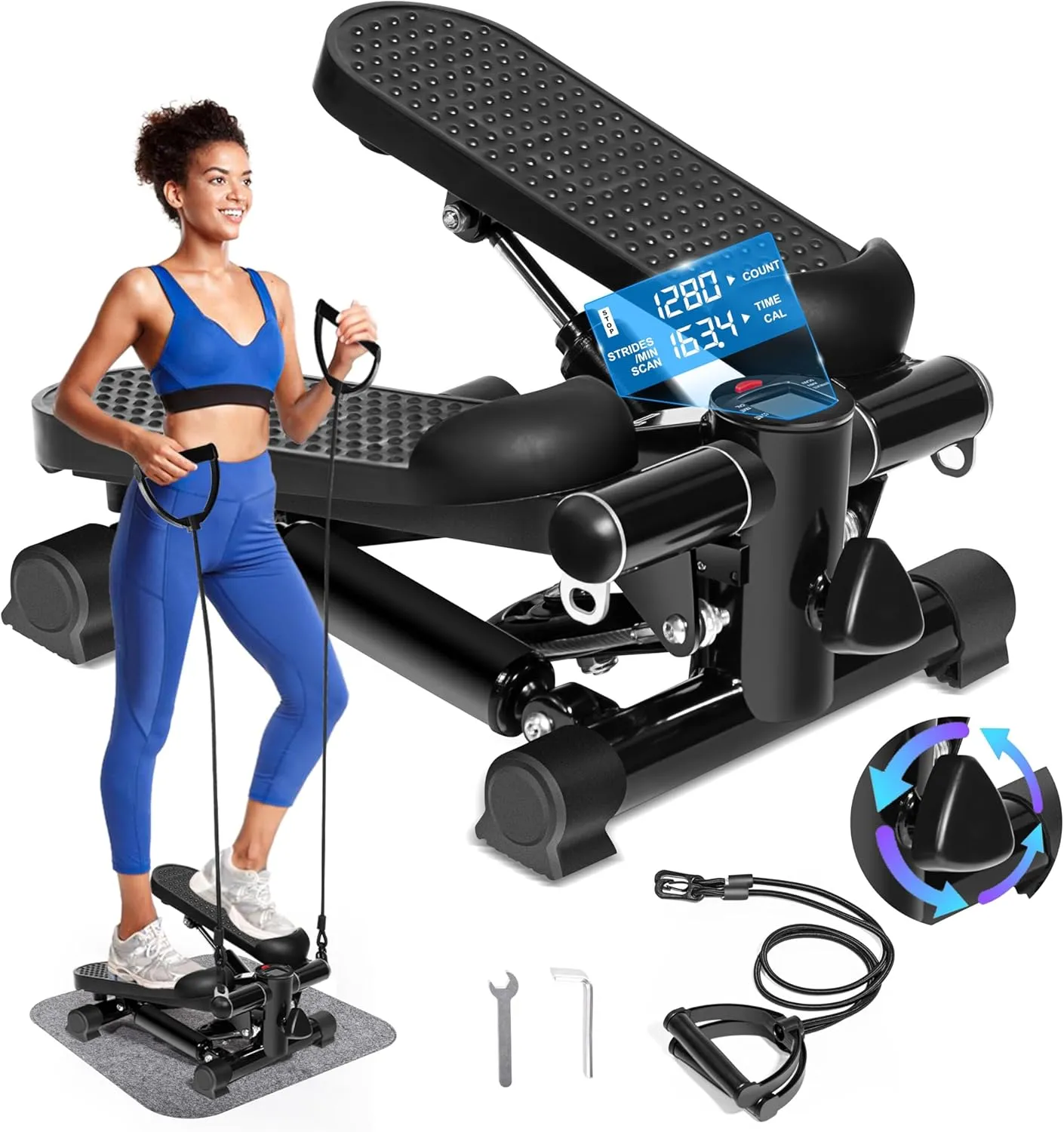 Steppers for Exercise at Home - Stair Stepper with 330 lbs Weight Capacity, Resistance Bands & Non-Slip Mat for Full Body Workout, Adjustable Height Hydraulic Stepper with LCD to Monitor Steps & Time