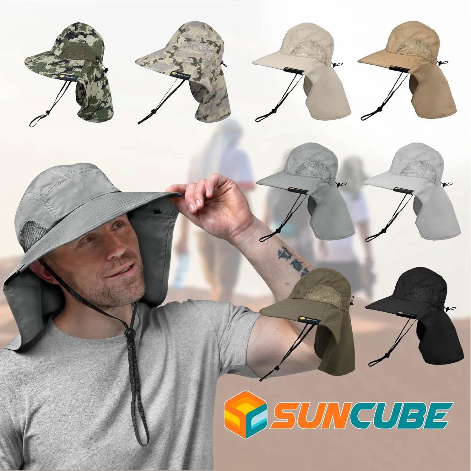 SUN CUBE Wide Brim Sun Hat with Neck Flap, UPF50  Hiking Safari Fishing Hat for Men Women, Sun Protection Beach Hat